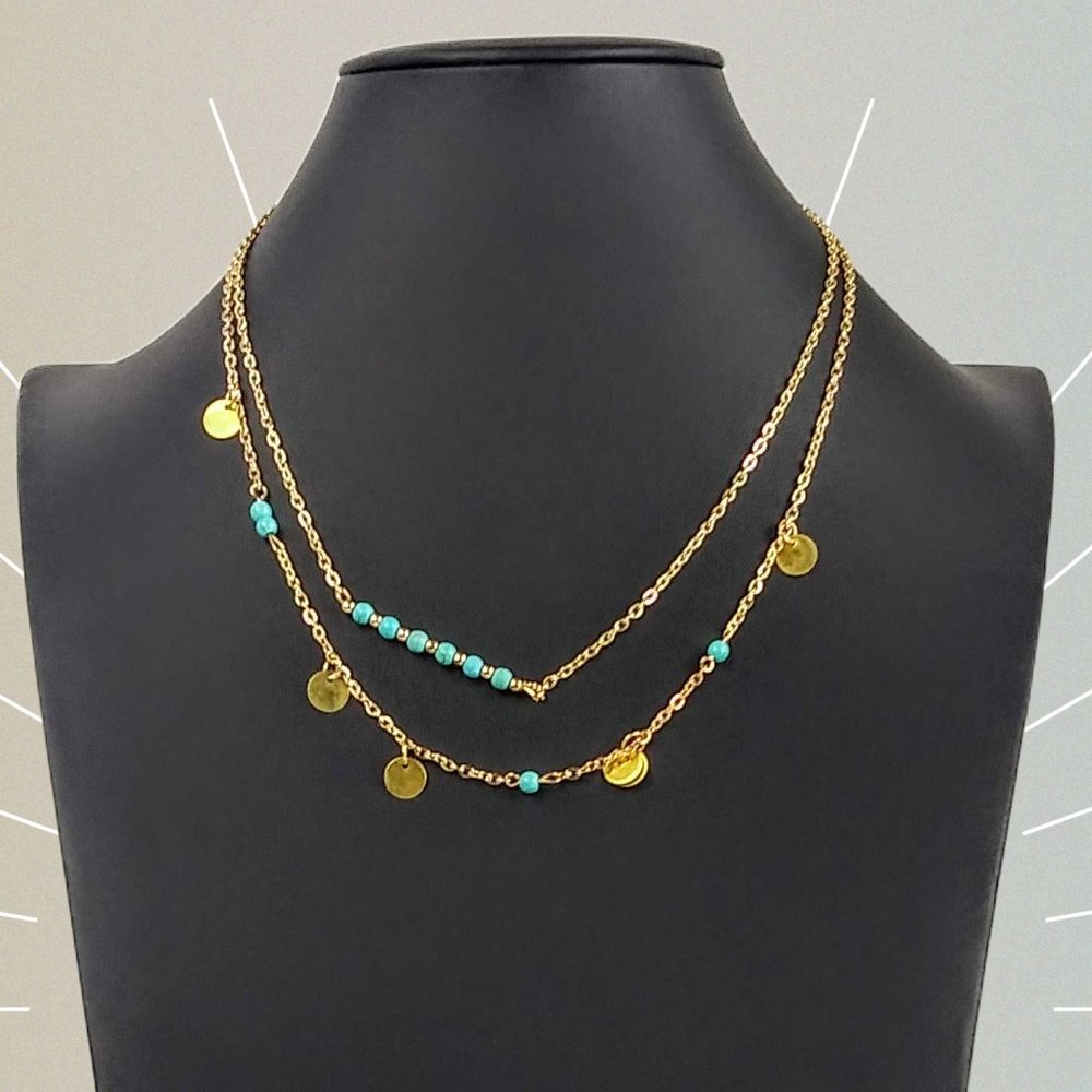 Gold Tone Double Strand Accented Choker Necklace